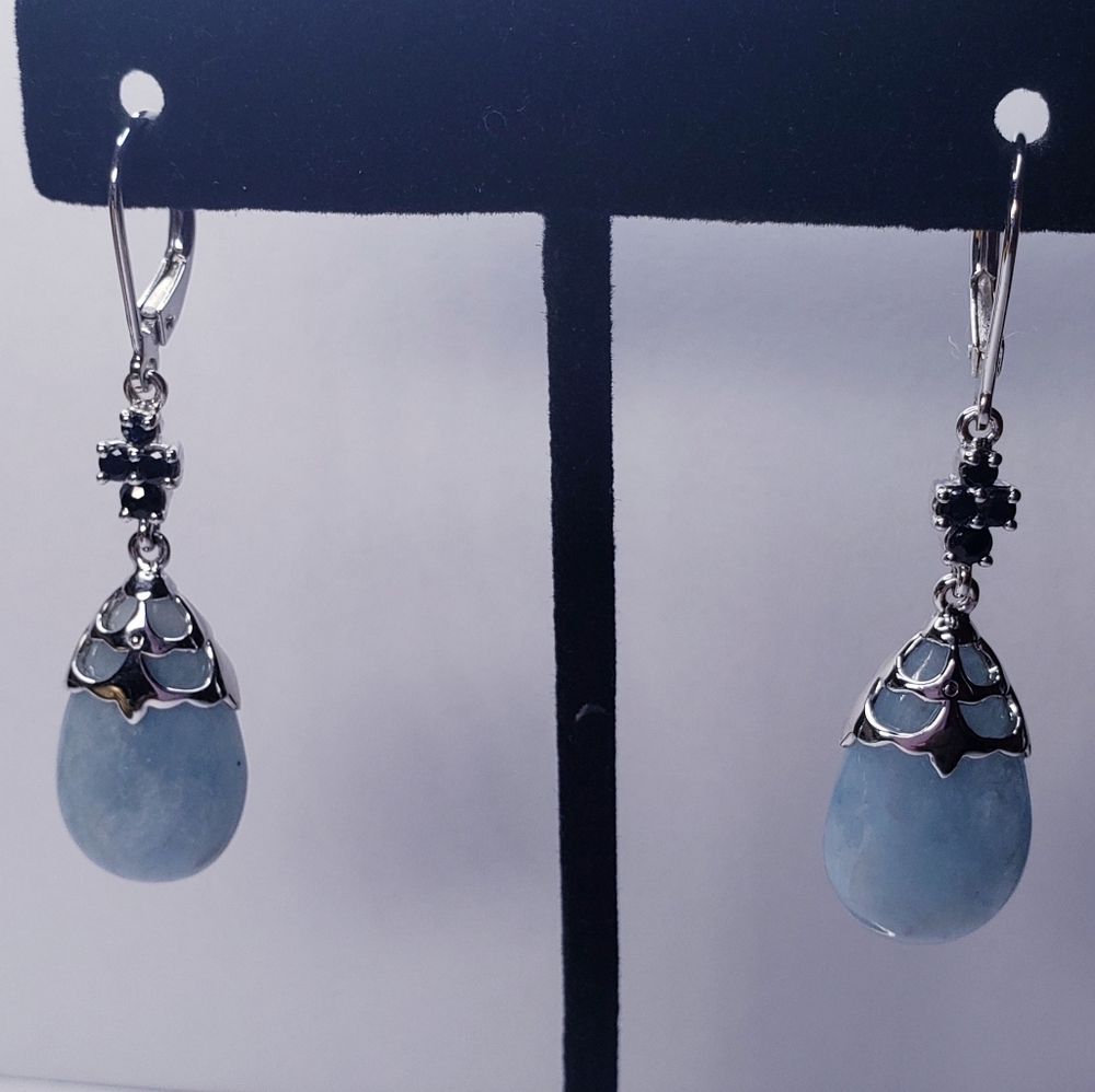 Larimar With Blue Sapphire Teardrop Leverback  Dangle Earrings.